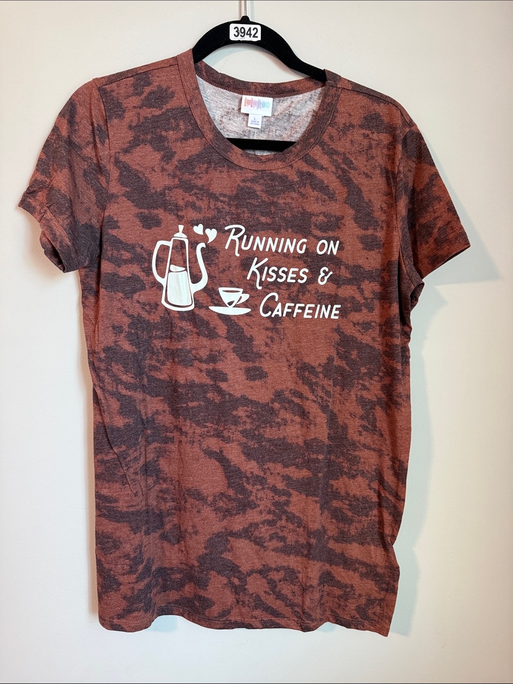 LuLaRoe Brown & Dark Brown Tie-Dye 'Running on Kisses & Caffeine' Tee